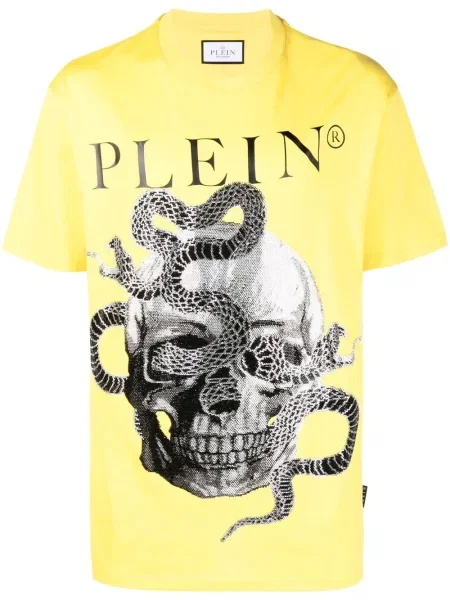 Tricou Philipp Plein cu imagine cu model piele de șarpe scurt galben