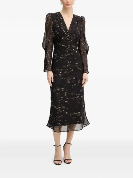 Rochie midi Morgan cu decolteu în V până la genunchi cu mâneci bufante negru