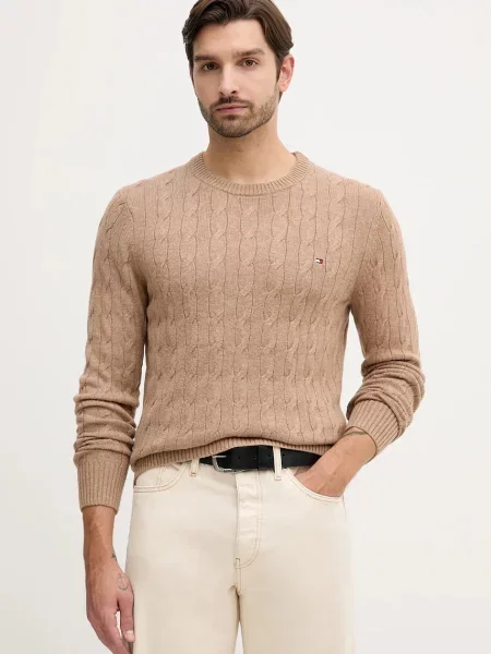 Tommy Hilfiger sweter wełniany brązowy lekki beżowy