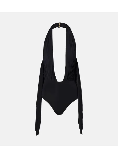 Costum de baie Balmain drapat cu gât halter negru