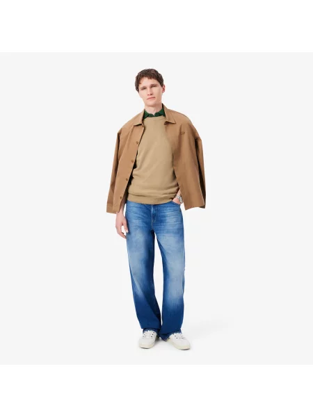 Lacoste Jednokolorowy Sweter Z Okrągłym Dekoltem Brązowy beżowy