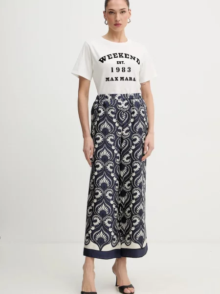 Weekend Max Mara spodnie jedwabne OTTICO proste high waist granatowy