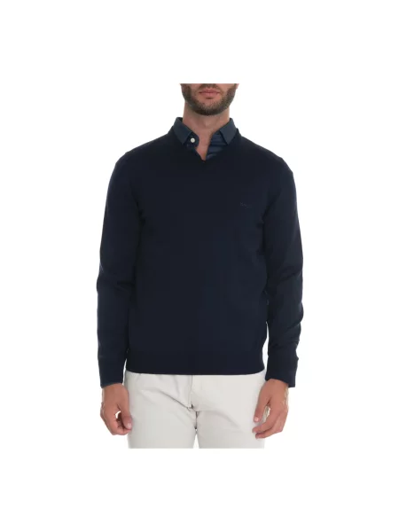 Sweter Boss z dekoltem w serek niebieski