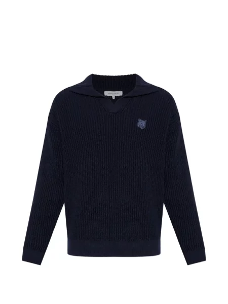 Svetr Maison Kitsuné s výstřihem do v s autogramem modrý