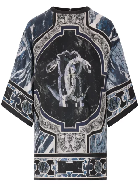 Bluză Roberto Cavalli de mătase cu imagine albastru