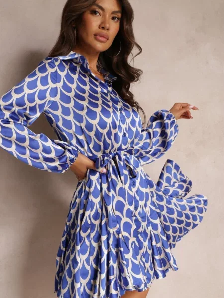 Sukienka Koszulowa z Falbanką i Wiązanym Calalla niebieska