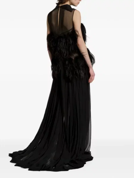 Rochie maxi Alberta Ferretti de mătase cu pene negru