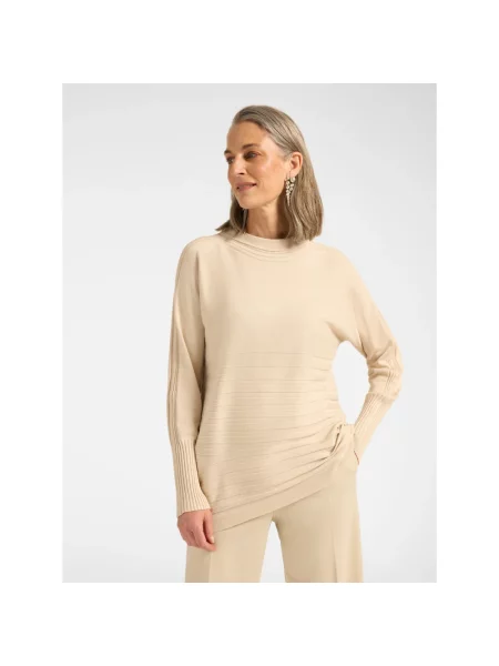 Sweter z golfem Elena Miro' w paski z paskiem beżowy