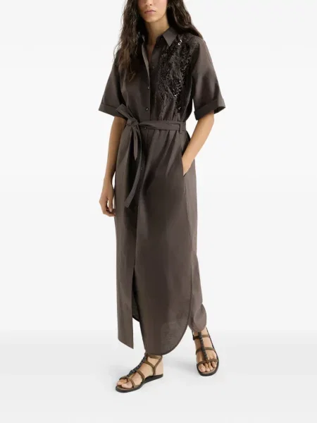 Haftowana sukienka Brunello Cucinelli popelinowa garniturowa brązowa