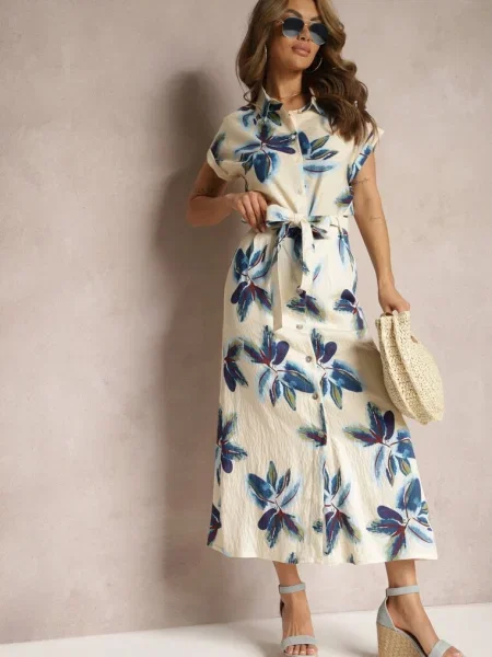 Fusta Cloș Bej-Bleumarin cu Talie Înaltă și din Daela bej