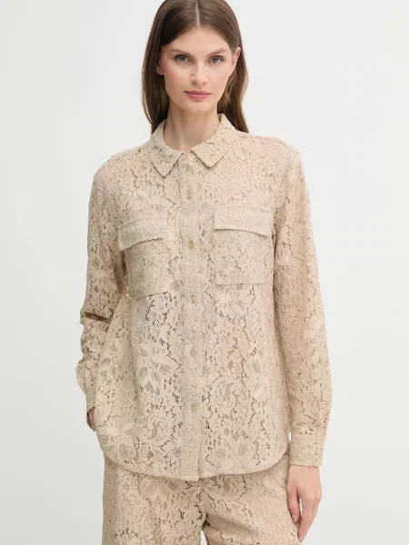 Риза Dkny дамска със стандартна кройка с класическа яка сиво