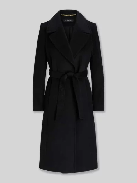 Płaszcz z kołnierzem z połami i wiązanym paskiem Lauren Ralph Lauren czarny