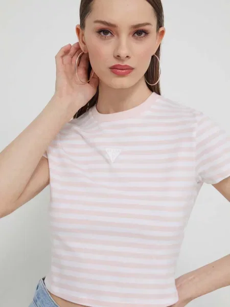 Koszulka Guess Originals prążkowana o krotszym kroju różowa