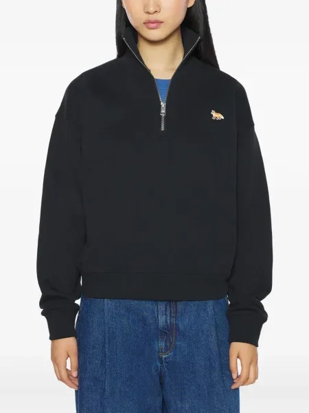 Hanorac Maison Kitsune cu broderie de jumătate de fermoar negru