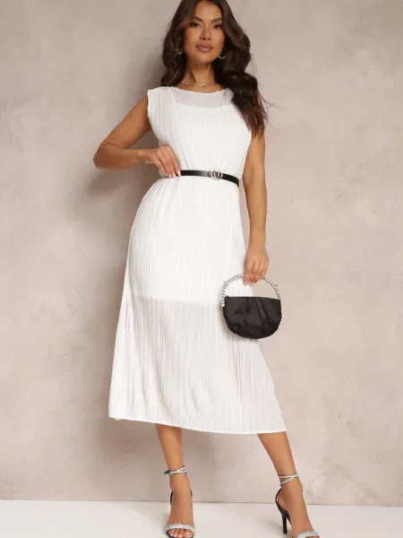 Rochie midi cu pliuri și cu cataramă Lanaia albă