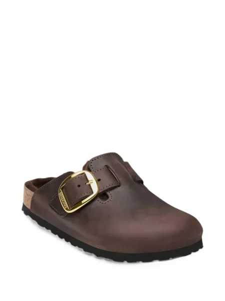 Papuci tip mules Birkenstock cu cataramă din piele de oaie maro