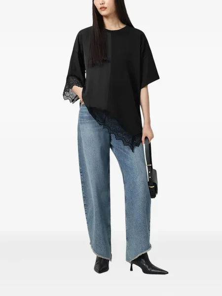 Къс тениска Allsaints с дантела черно