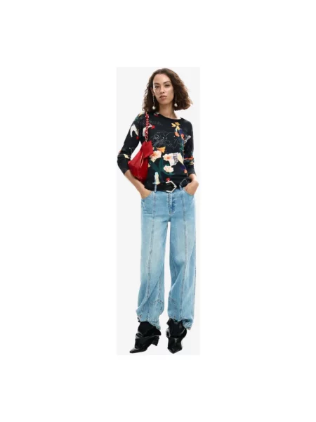 Lniany sweter Desigual z nadrukiem z długim rękawem czarny
