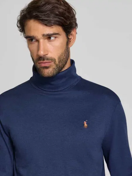 Haftowany sweter z golfem Polo Ralph Lauren klasyczny z długim rękawem granatowy