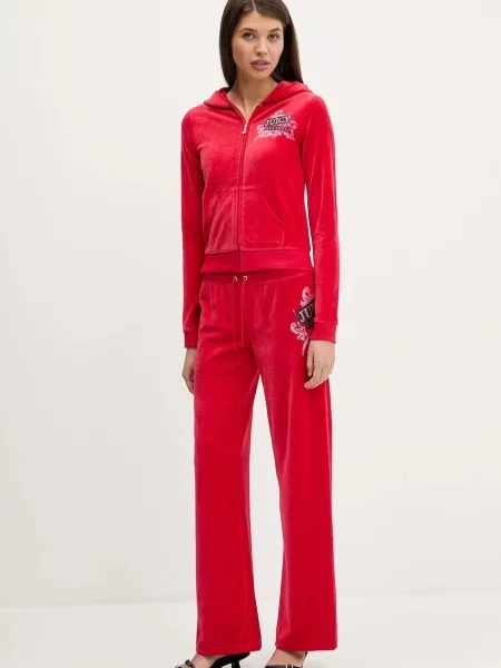 Велюрова кофта Juicy Couture Wrap You Up з капюшоном з принтом червоний