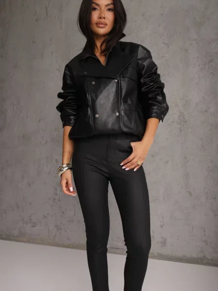 Pantaloni cerati slim cu finisaj mat Nudrey negri