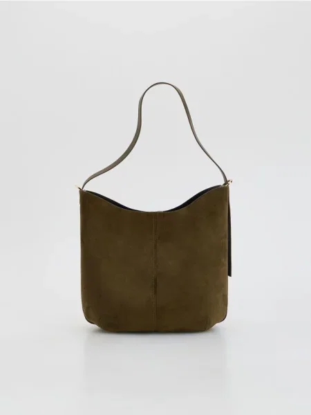 Reserved Geantă shopper din imitație de piele întoarsă verde-maroniu verde