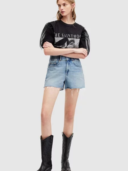 AllSaints pantaloni scurti jeans HAILEY DENIM SHORT femei neted high waist albastru