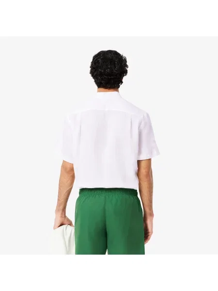 Lacoste Lniana Koszula Z Krótkim Rękawem biała