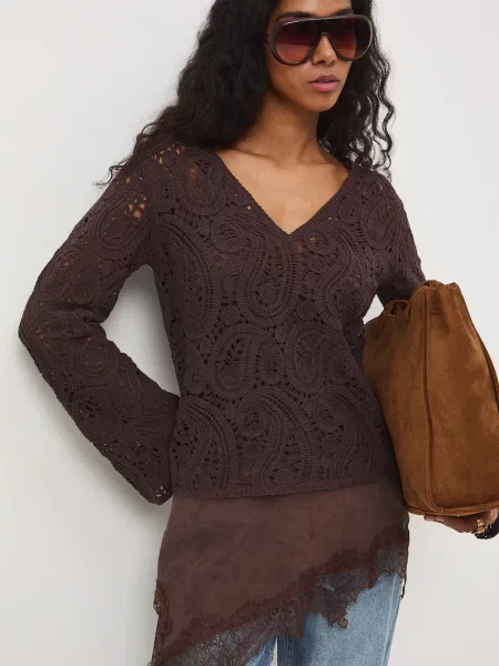 Medicine sweter ażurowy brązowy