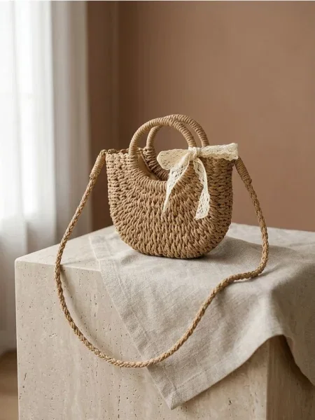 Плетена сумка з декоративним бантом бежевий