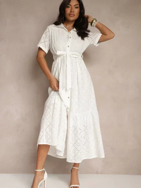 Koszulowa Sukienka z Wiązanym z Bawełnianej Tkaniny z Haftem Efrilea biała