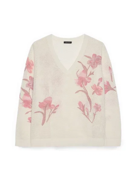 Dzianinowy sweter Fiorella Rubino z nadrukiem ażurowy biały