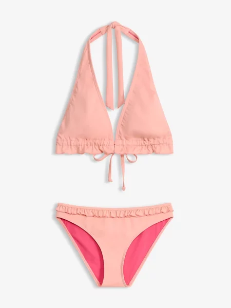 Bikini z dekoltem halter i falbanką komplet różowe