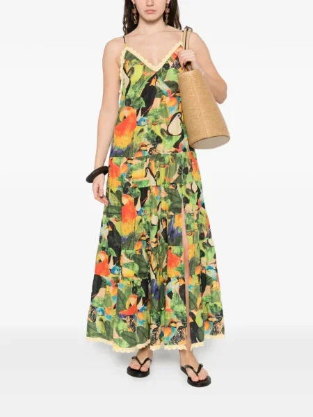 Rochie maxi Farm Rio cu volane de costum verde