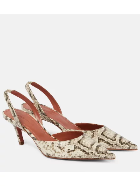 Usnjene salonarji Amina Muaddi z odprtimi petami s kačjim vzorcem rumena