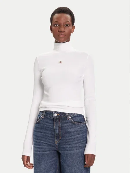 Bluză Calvin Klein Jeans cu guler înalt alb