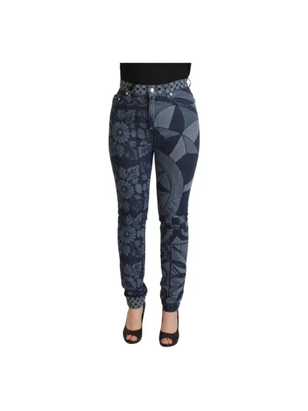 Jeansy skinny Dolce And Gabbana w kwiatki eleganckie niebieskie