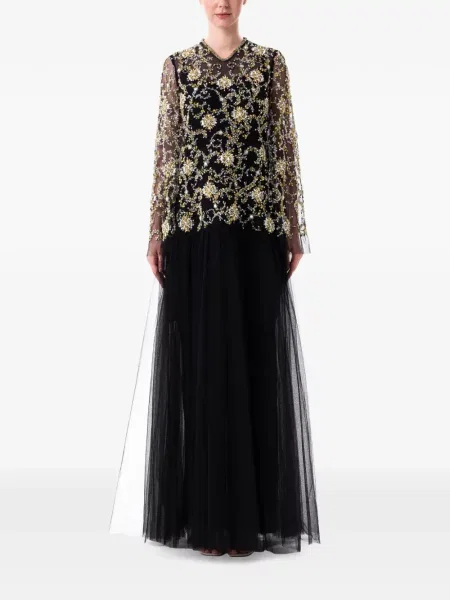 Rochie maxi Dina Melwani cu model floral negru