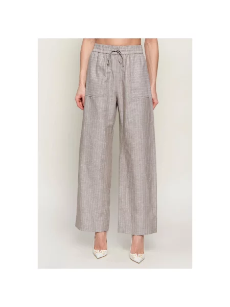 Lniane spodnie Max Mara w paski z paskiem beżowe