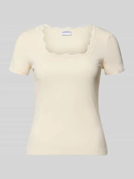 T-shirt w prążkowaniu z obszyciem koronką Jake*s Casual beżowa