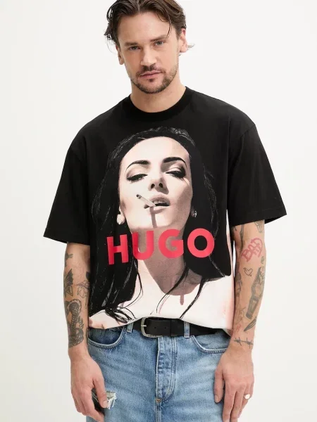 HUGO tricou din barbati cu imprimeu negru
