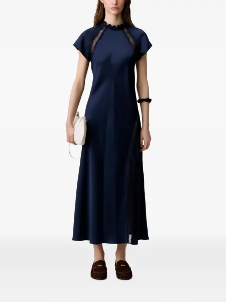 Rochie maxi Claudie Pierlot cu volane din dantelă albastru