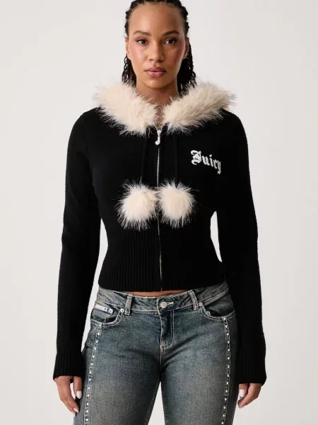 Juicy Couture rozepínací svetr dámský s viskózou KNIT JUICY DIAMANTE WITH FUR TRIM černý