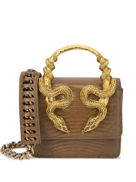 Geanta de piele Roberto Cavalli din piele cu model piele de șarpe maro