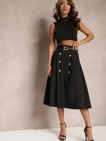 Fustă Midi Cloș cu din Piele Ecologică și Decorativi Lidias neagră