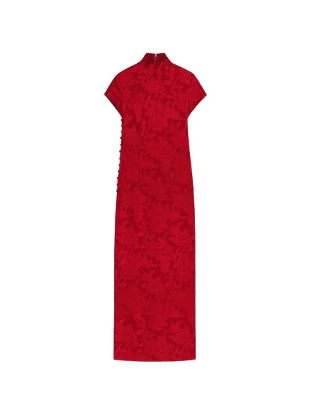 Rochie Shanghai Tang cu model floral cu imagine de costum roșu