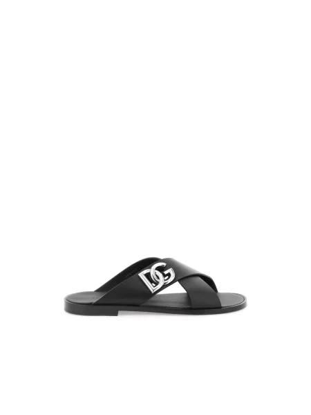 Lniane klapki Dolce And Gabbana z logo czarne