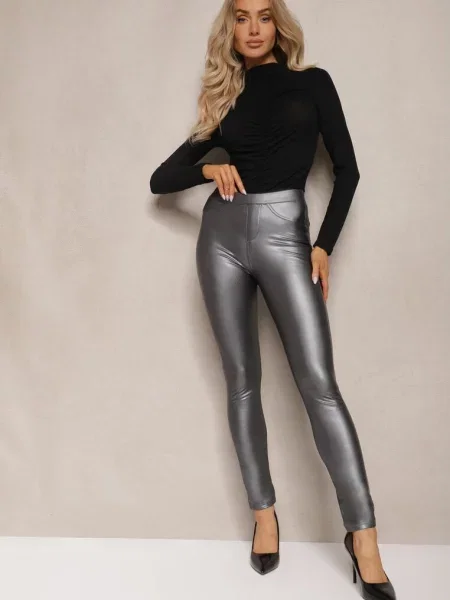 Legginsy z Imitacji Skóry High Waist Noriel szare