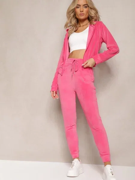 Fuksjowy Dresowy Komplet z Weluru Spodnie i Bluza z Kapturem na Styrena różowe