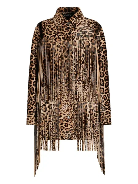 Palton Dolce & Gabbana cu franjuri cu model leopard maro